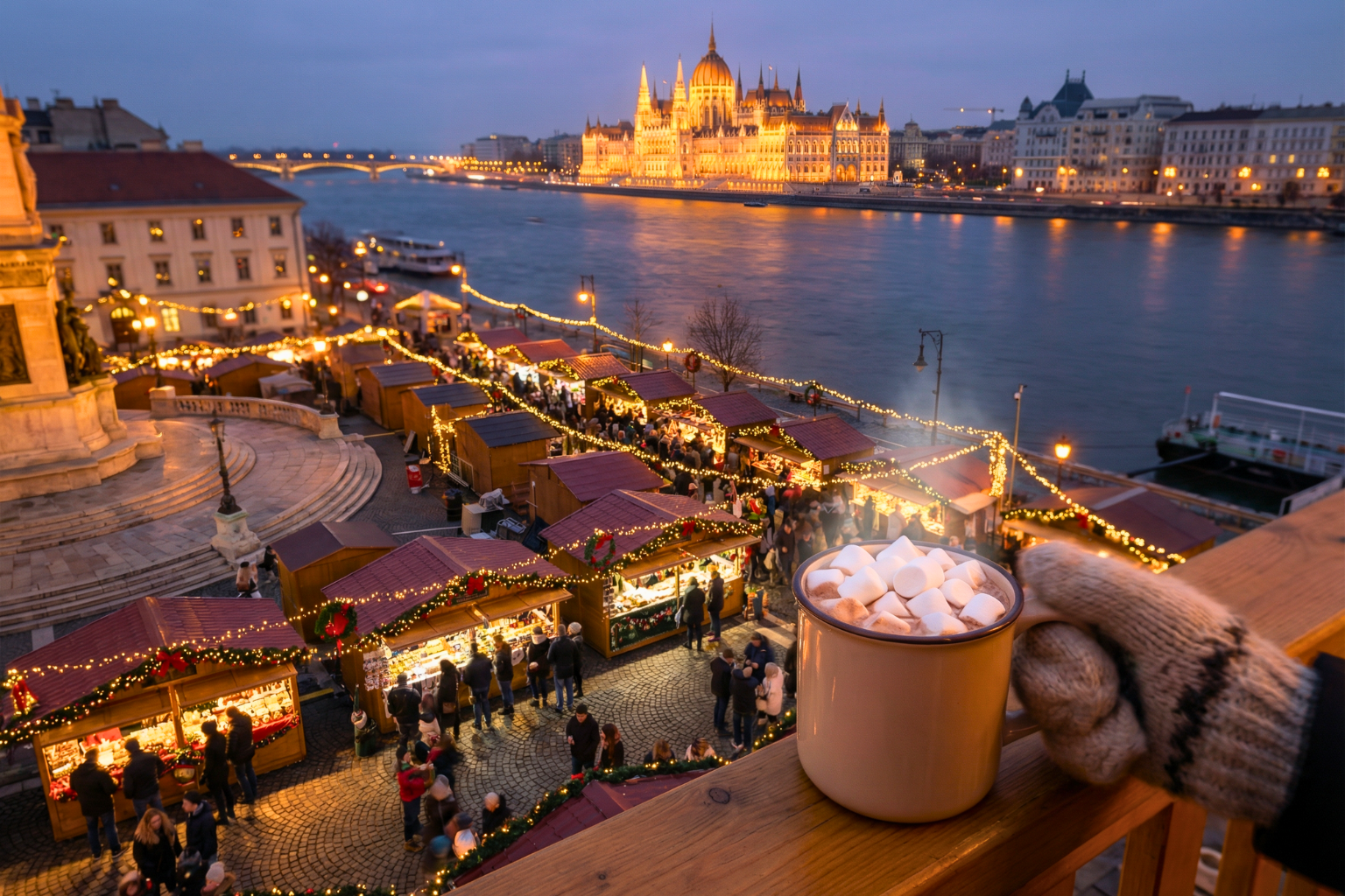 Advent market in Budapest in front of the illuminated St Stephen's Basilica at night – Budapest