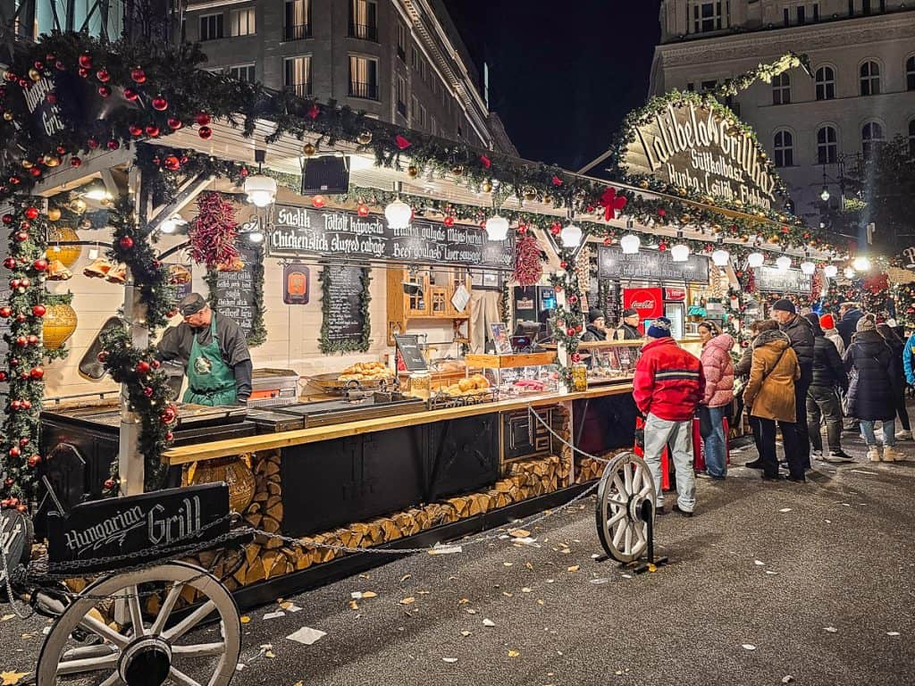 Budapest – Advent market in Budapest in front of the illuminated St Stephen's Basilica at night