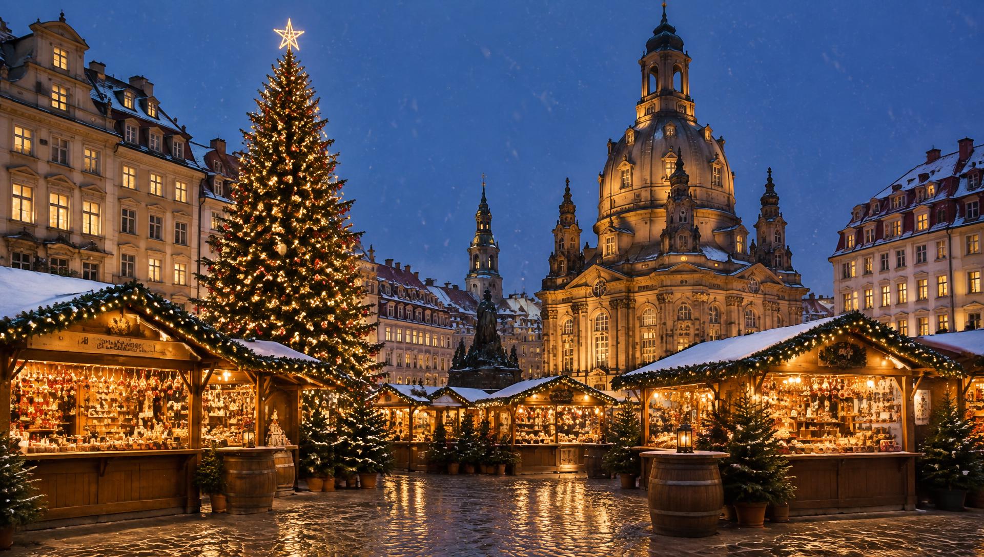 Illuminated European Christmas market at dusk with wooden stalls and a decorated Christmas tree