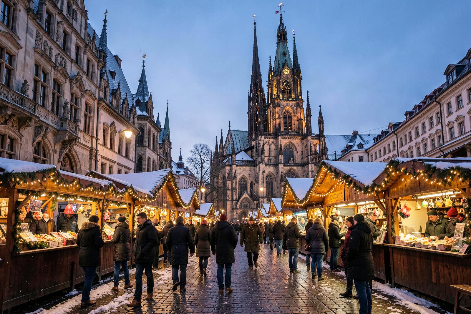 Dresden – Dresden Christmas market with illuminated stalls and festive decorations