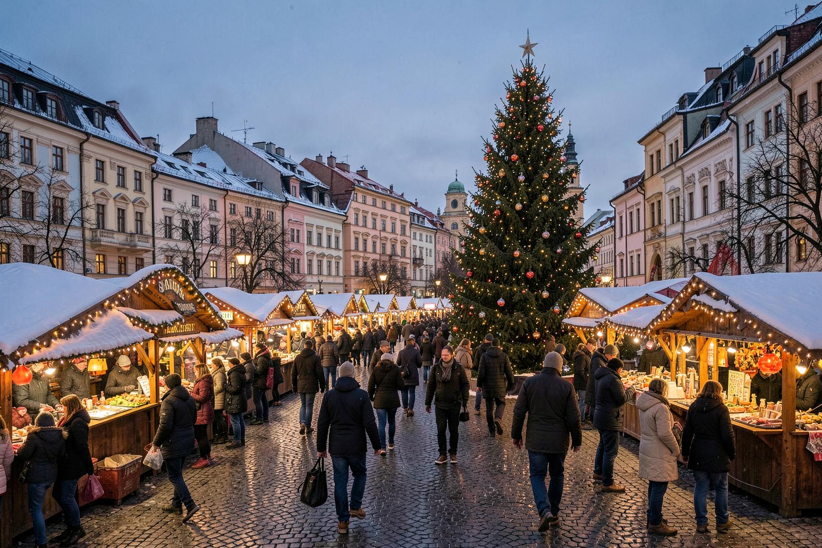 Katowice – Katowice Christmas market with illuminated stalls and festive decorations