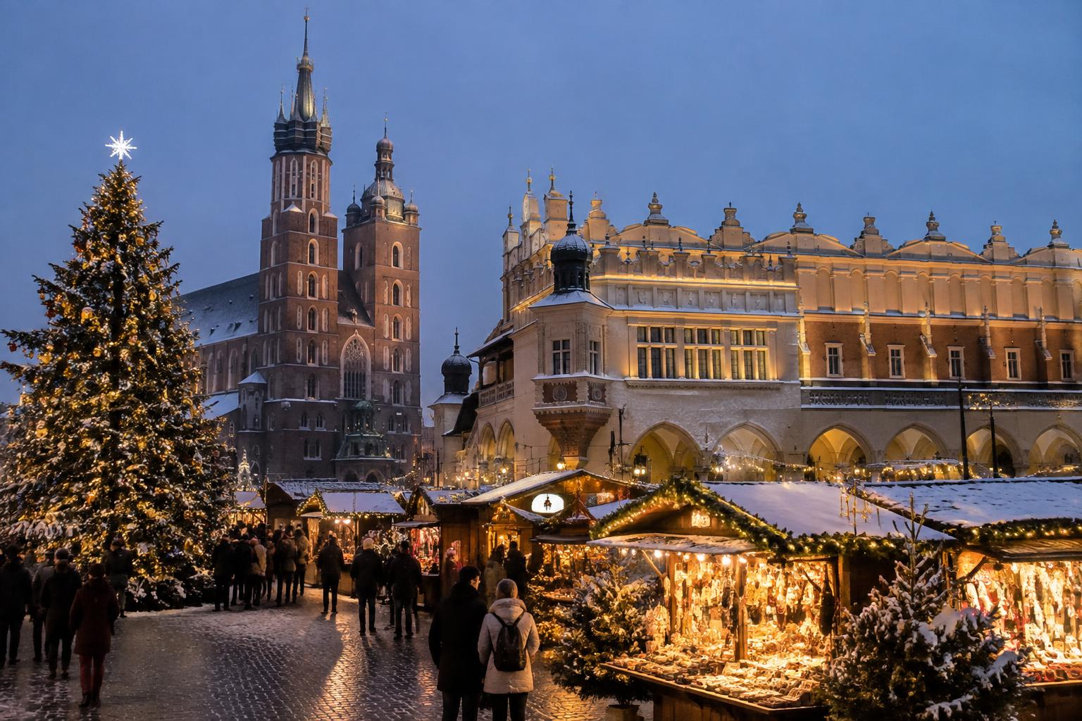 Krakow Main Market Square Christmas market with the Cloth Hall and St Mary's Basilica at dusk