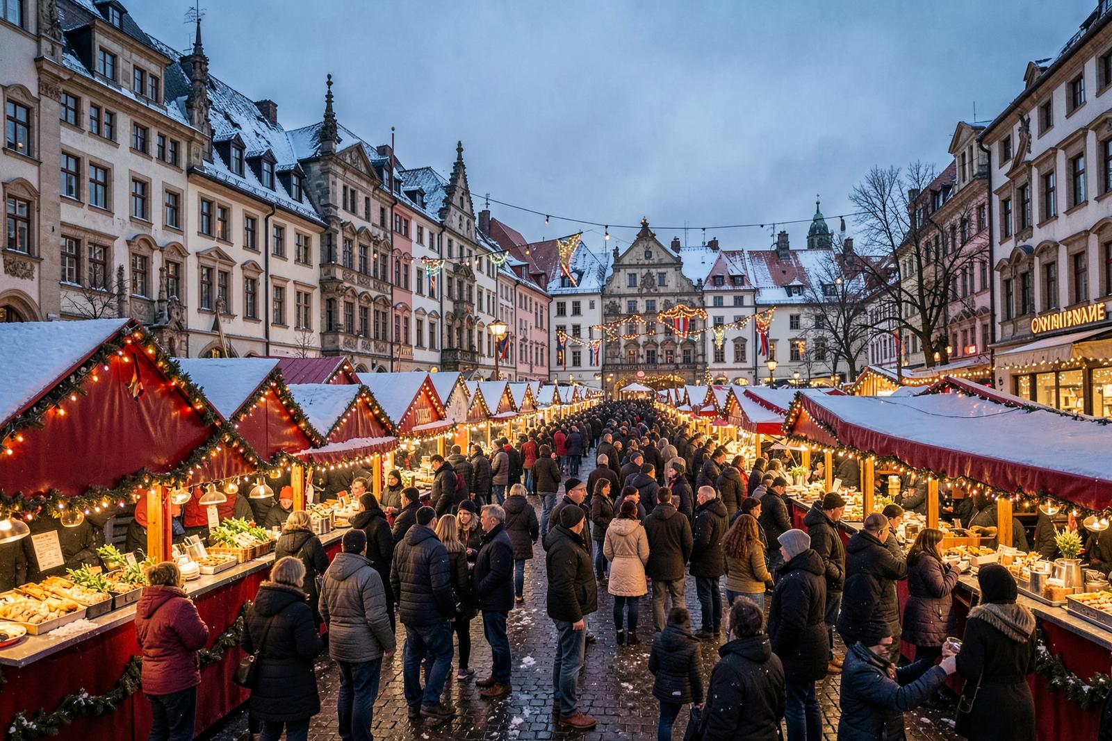 Nuremberg – Nuremberg Christmas market with illuminated stalls and festive decorations
