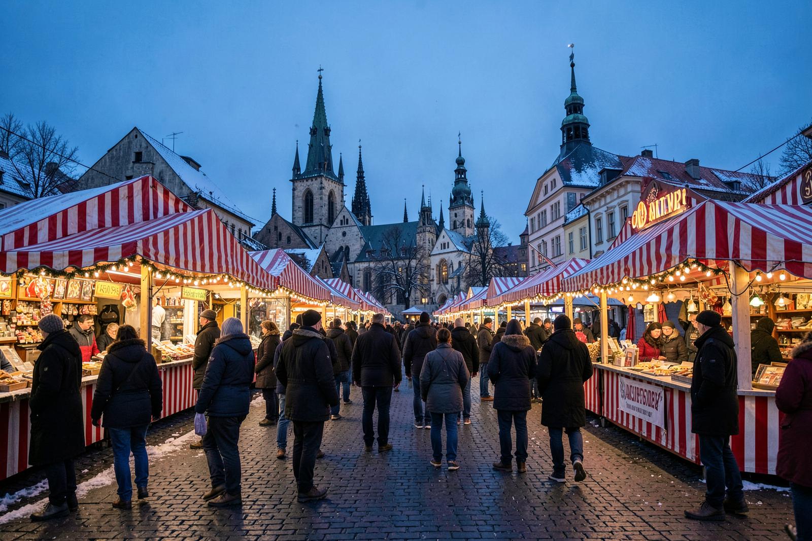 Nuremberg Christmas market with illuminated stalls and festive decorations