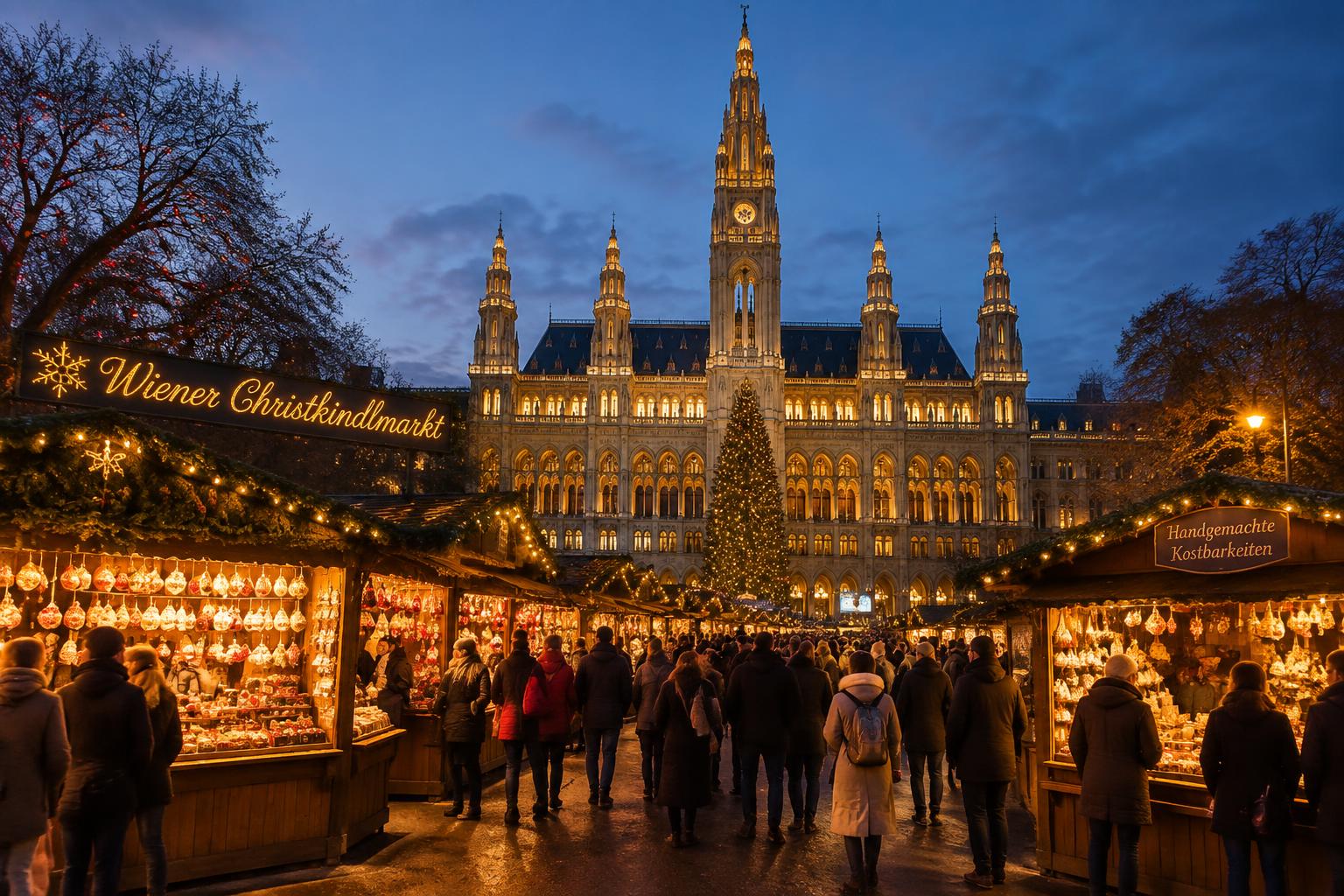 Illuminated Christmas market at Rathausplatz in Vienna at dusk